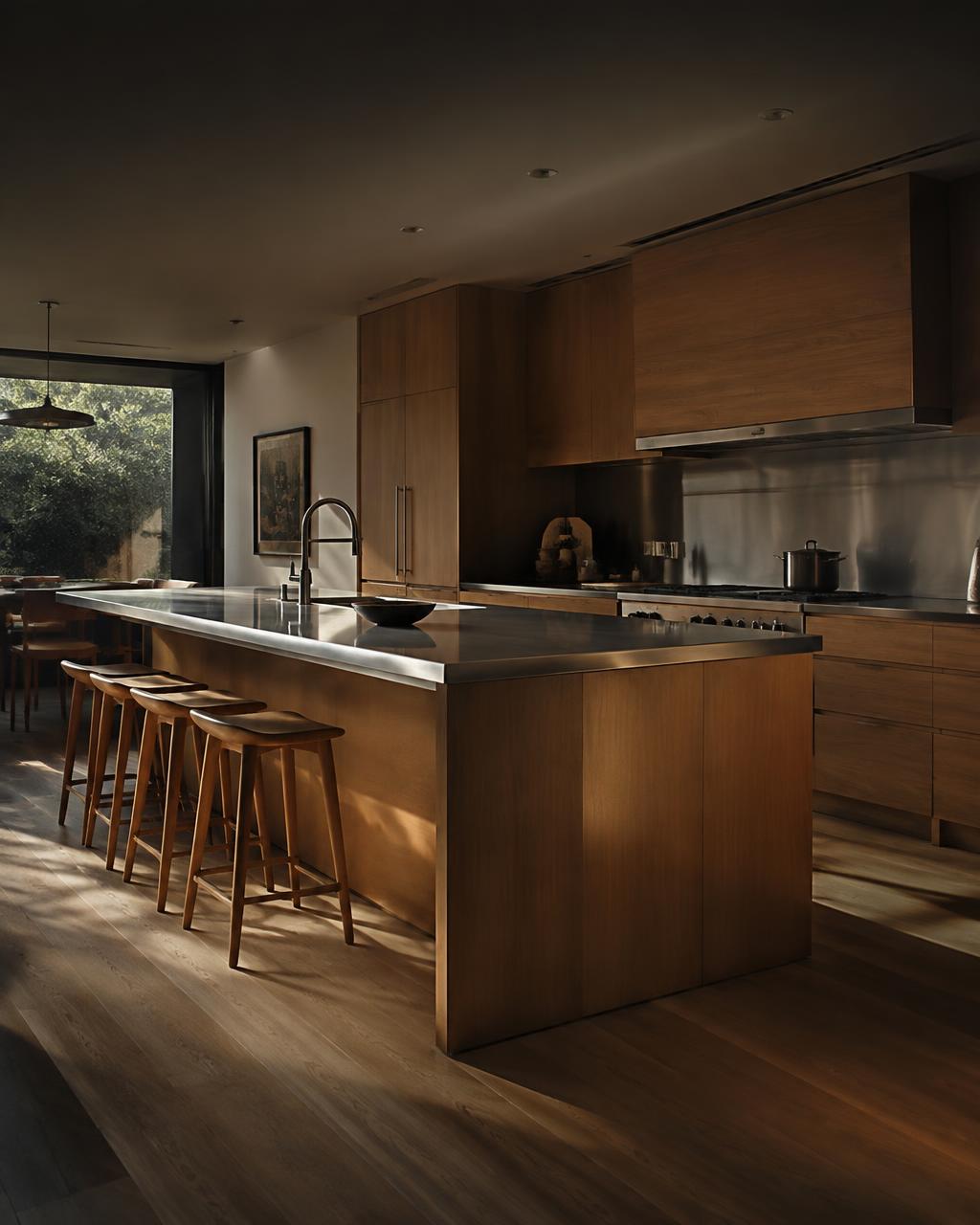 A renovated open-plan kitchen with warm wood cabinetry and stainless counters